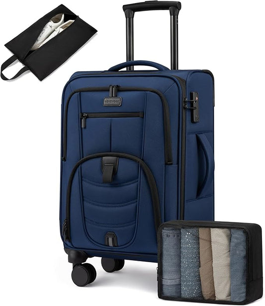 LOVEVOOK Business Softside Checked Luggage with 15.6/17.3 Inch Laptop Compartment, 24 Inch Checked Suitcase with Spinner Wheels, Large Capacity Luggage with TSA Lock for Business Trip Travel Navy Bule