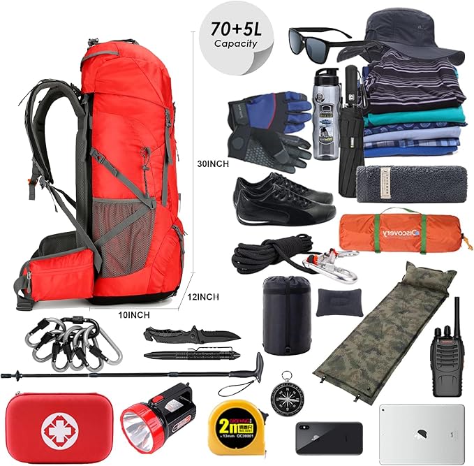 75L Hiking Backpack with Rain Cover Waterproof Camping Backpack Shoes Warehouse for Men Women, Frameless