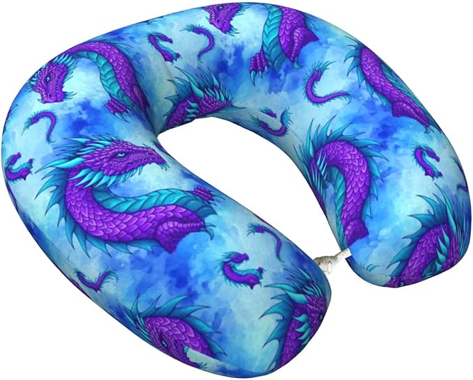 Memory Foam Airplane Pillow Purple Dragon for Car Chin Head Neck Supporting, U Shape Pillows Travel Cushion for Office, Nap Sleeping