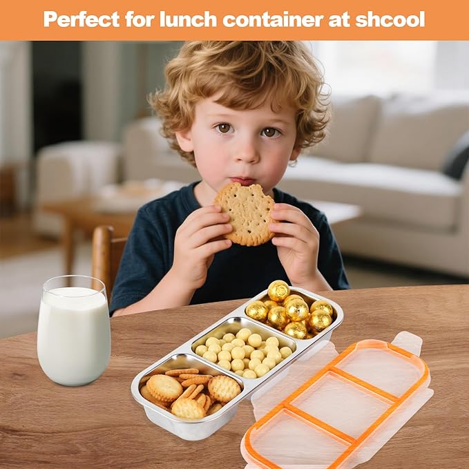 zenjarigily Stainless Steel Snack Containers with Lids, 3 Compartment Leakproof Reusable Snack Box for Nuts, Fruits- Divided Grab & Go Container for School, Office, Travel