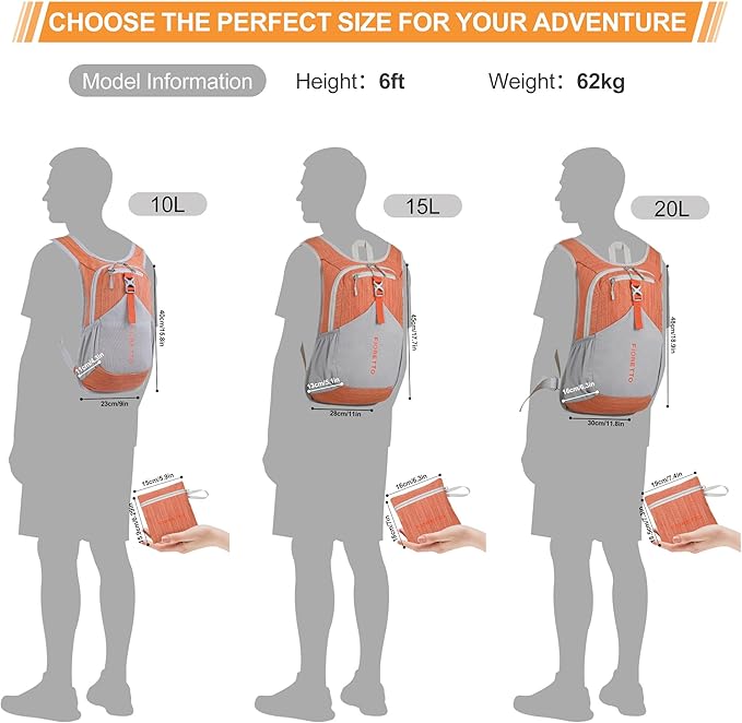 FIORETTO 10L Lightweight Packable Hiking Backpack Small Foldable Daypack for Women Men Compact Travel Backpack for Camping & Outdoor, Orange