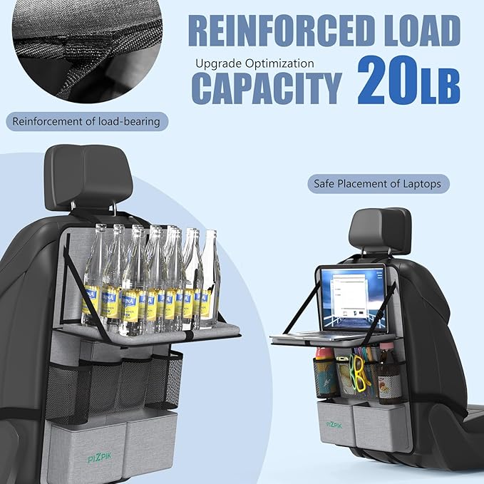 Car Backseat Organizer with Tablet Holder,11 Storage Pockets with Foldable Food Tray, Protector Kick Mats for Kids, Travel Accessories Organizer (Gray, 1Pack with Food Tray)