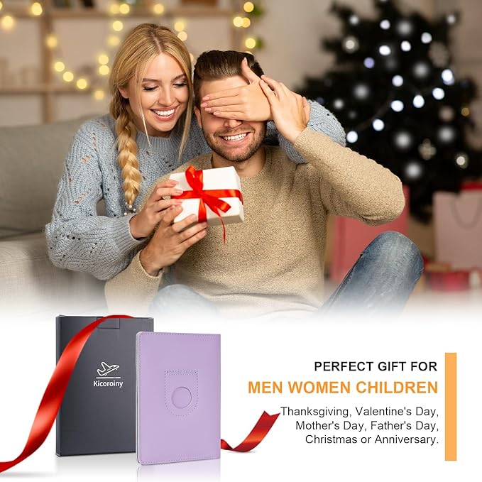 Full Grain Leather AirTag Passport Holder Wallet Cover for Men and Women Travel, Passport Holder with AirTag Slot Passport Wallet, Travel Essentials Genuine Leather Passport Cover Gifts (Purple)