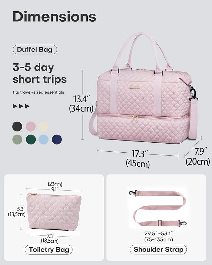 HOTOR Travel Duffel Bag - Weekender Bags for Women, Carry On Overnight Bag with Shoe Compartment, with Toiletry Bag for Travel Essentials and Travel Accessories, Pink, 13.4"×17.3"×7.9"