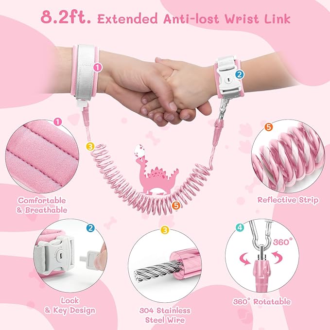 3 in 1 Toddler Harness Leash + 8.2ft Anti Lost Wrist Link, Cute Dinosaur Kids Anti Lost Leash with Key Lock, Child Walking Harness for Parent Boys Girls Keep Kids Close, Travel Essensials