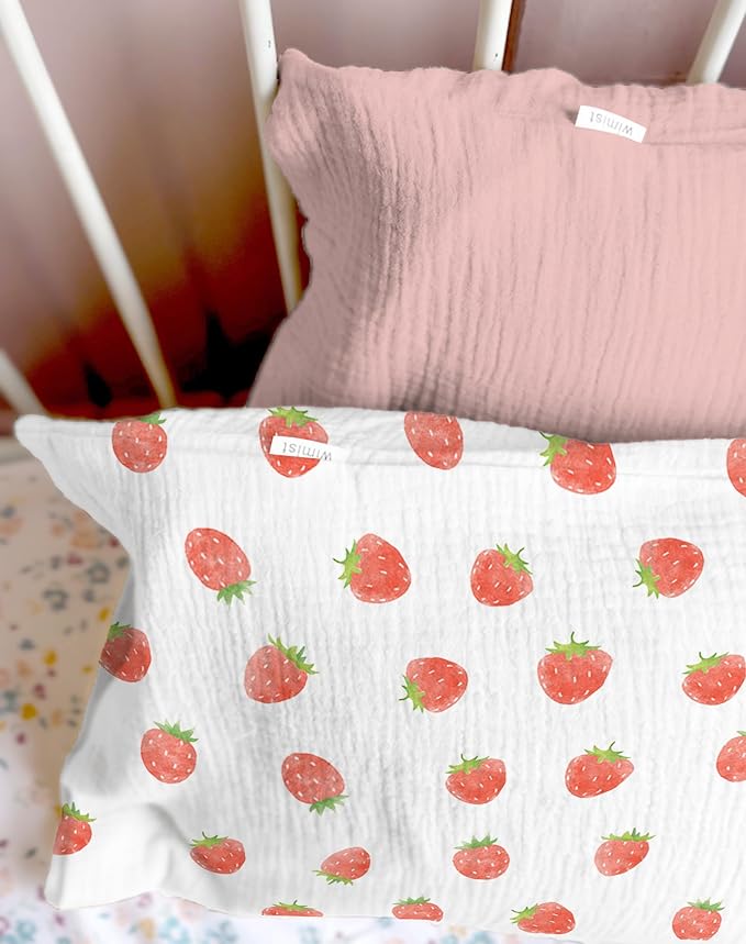 Toddler Pillowcases for 13"x18" Pillow 2 Pack, Muslin Small Toddler Baby Kids Travel Pillow Covers for Boys Girls with Envelope Closure (Strawberry & Pale Pink, 13 x 18 Inch)