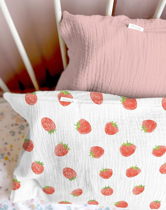 Toddler Pillowcases for 13"x18" Pillow 2 Pack, Muslin Small Toddler Baby Kids Travel Pillow Covers for Boys Girls with Envelope Closure (Strawberry & Pale Pink, 13 x 18 Inch)