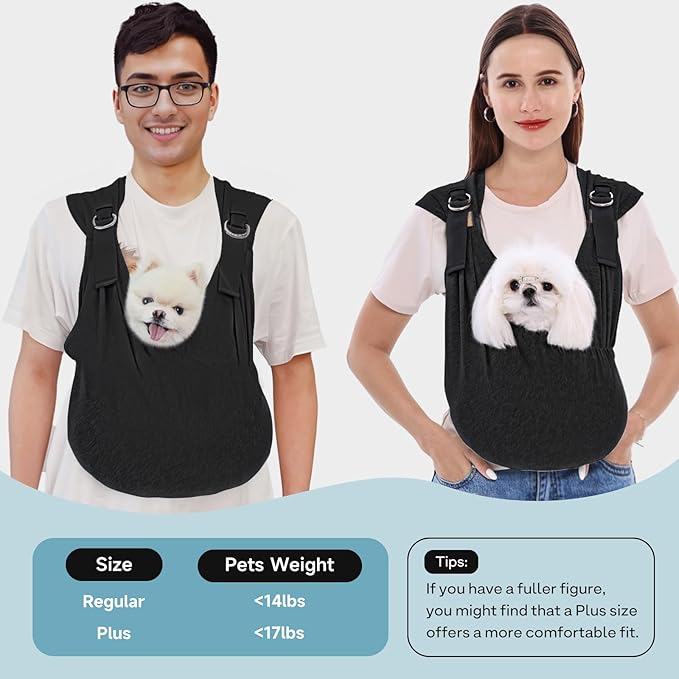 Supet Dog Carrier Sling for Small Dogs, Front Facing Cat Sling Carrier Chest, Hands Free Pet Sling Carrier, Adjustable Dog Front Carrier, Reducing Back Pain, Anti Pet Anxiety (Black, Plus)