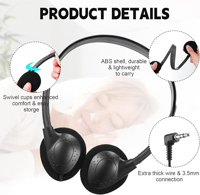 Konohan 30 Pack Headphones Bulk Headphone for School Classroom Student Wired Headphones Adjustable with 3.5 mm Jack for Adults (Black)