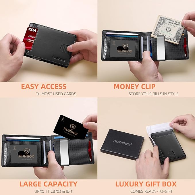 RUNBOX Slim Wallets for Men - Leather Money Clip Mens Wallet - RFID Blocking Front Pocket Bifold Wallet - Thin Credit Card Holder with Gift Box