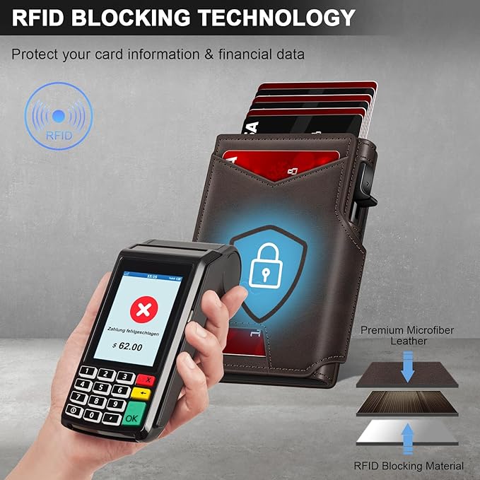 Wallet for Men Wallet with Slim Pop Up Card Holder 9-13 Cards, Bifold Minimalist Smart Wallet RFID Blocking Credit Card Holder with ID Window & Stretchable Cash Slot Compact Metal Aluminum Card Case