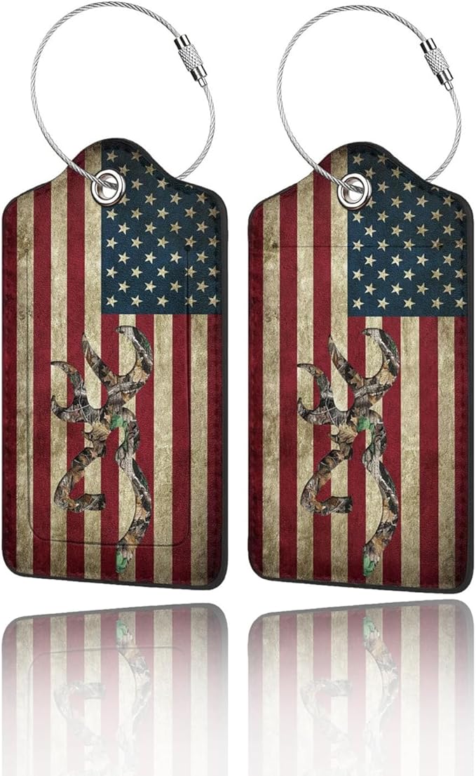 2 Pack Luggage Tags for Suitcase, Privacy Cover ID Label with Stainless Steel and Address Card for Travel Bag Backpack Cruise Ship Essentials Tag Women Men - Camo Deer American Flag