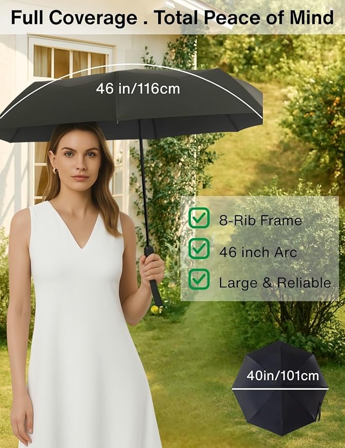 Folds in 3 Seconds Folding Umbrella, Compact & Portable Travel Umbrella, Auto Open/Close, Windproof & Waterproof, Lightweight (<1lb), Fits in Backpack or Car, Black