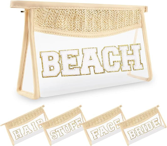 Small Boho Straw Clear Beach Makeup Bags for Women&Girls, Zipper Cosmetic Bag Chenille Varsity Letter Patch Bag, Preppy Cute Toiletry Pouch, Trendy Organizer Storage Bag for Beach Travel Essentials