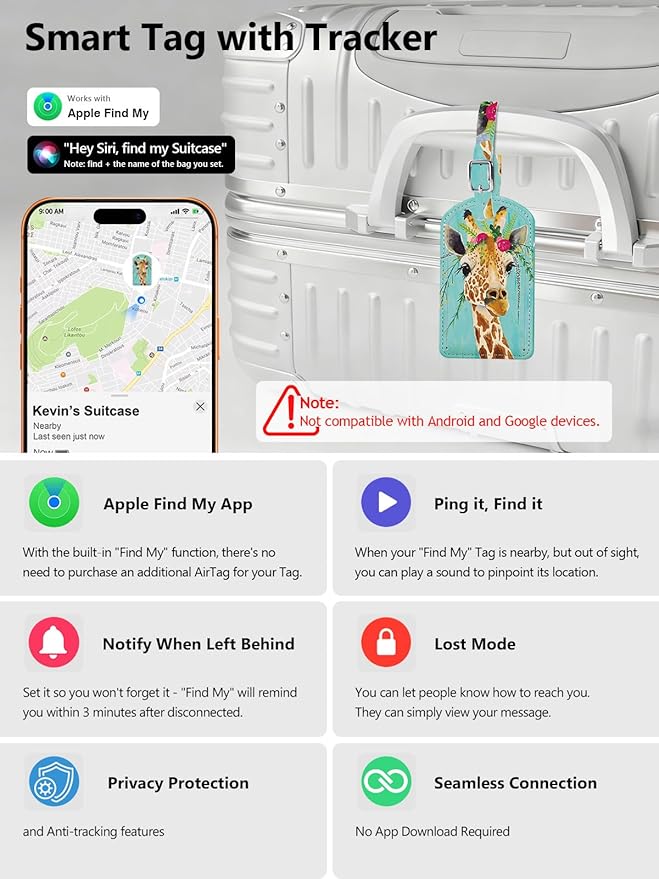 Luggage Tags Built-in Anti-Loss Tracker, Luxury Leather Luggage Tags for Suitcase, Travel Bags, Backpacks, Travel Organizer for Lost Baggage Prevention (Giraffe)