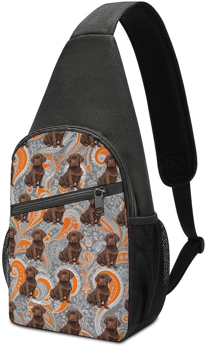 SWEET TANG Elegant Chest Cross Body Bag Puppy Chocolate Lab Paisley Sling Shoulder Backpack for Women, Adjustable and Comfortable Gym Sack, Anti Theft Cycling Traveling Hiking Daypack