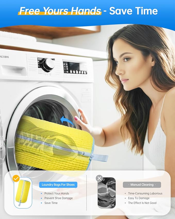 Shoe Washing Machine Bag – Reusable Laundry Shoe Bags for Washer and Dryer, Durable Chenille Microfiber with 360° Cleaning, Hidden Zipper Design for Sneakers, Tennis Shoes, Yellow, 2-Pack