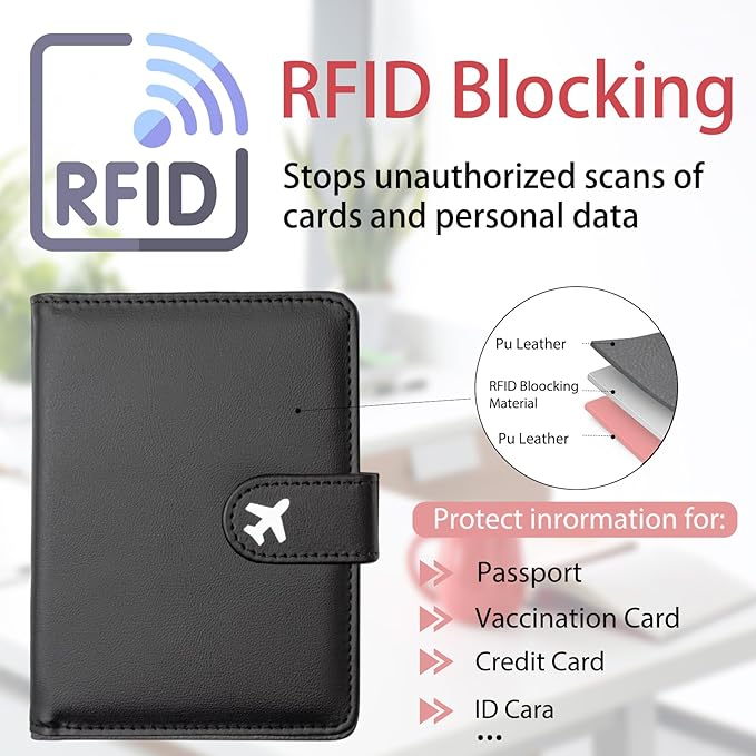 Passport Holder, Travel Wallet Cover with Pen Loop | Cute RFID Blocking Leather Case with Magnetic Closure for Travel Essentials-Black