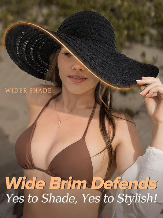 Sun Beach Hats for Women Summer Floppy Wide Brim Sunhat Packable Foldable Lace Travel Vacation