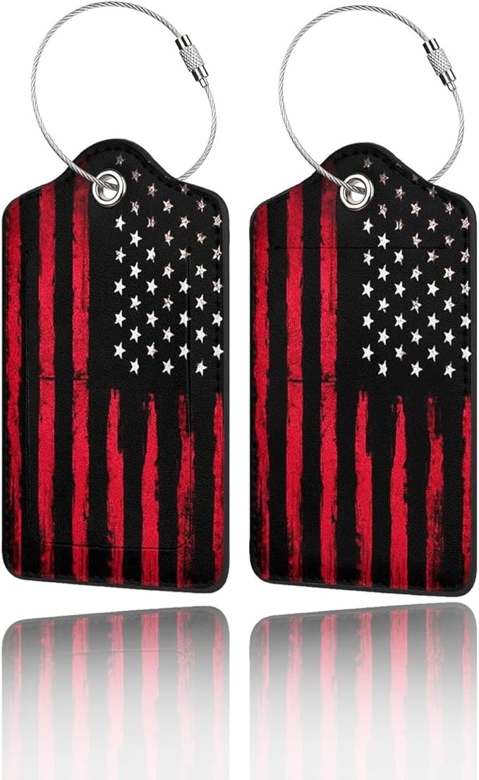 2 Pack Luggage Tags for Suitcase, Privacy Cover ID Label with Stainless Steel and Address Card for Travel Bag Backpack Cruise Ship Essentials Tag Women Men - Black Red American Flag