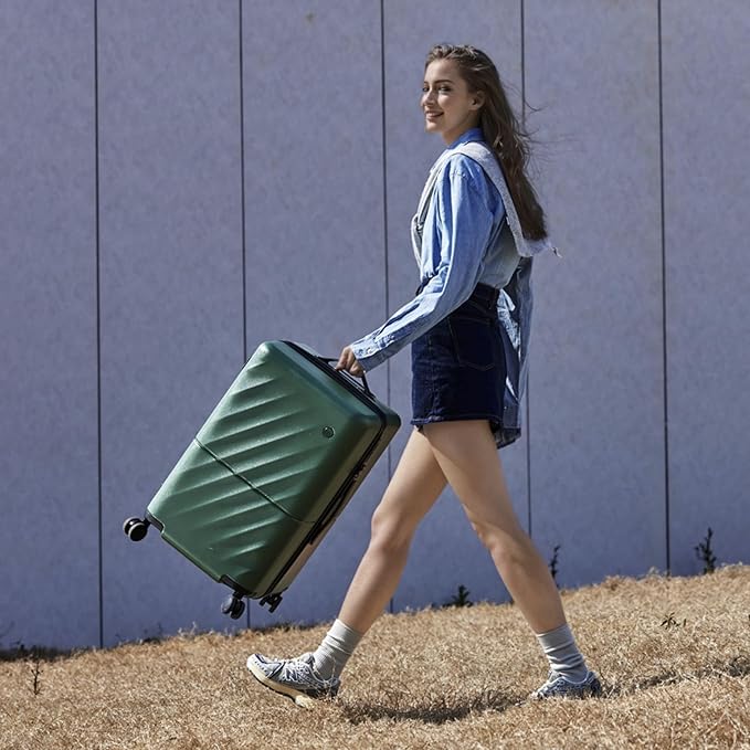 NINETYGO Trunk Luggage 24 Inch, Medium Checked Luggage with Double Spinner Wheels, Anti-Burst Zipper, Hard Case PC Suitcase, Lightweight Travel Luggage, TSA Approved (Seaweed Green, Hudson)