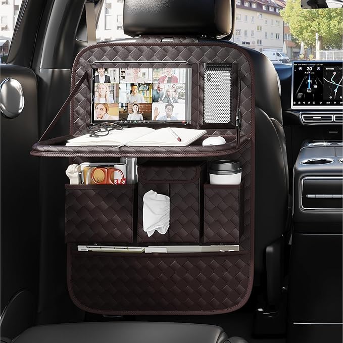 GMQ Back Seat Car Organizer 1 Pack,Backseat Organizer with Tray,Multifunctional Car Seat Back Storage Box with Foldable Tablet Holder (Coffee, Weave)