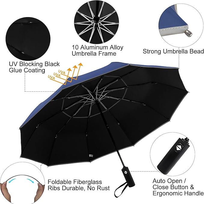 Satol Extra Large Golf Umbrella, 46/54/62 Inch Windproof 10 Ribs Vented Double Canopy Reflective Strips Automatic Open/Close Waterproof UV Protection Portable Compact Umbrella for Outdoor & Travel