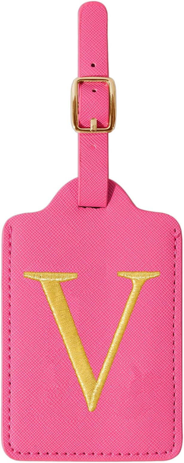 Rose Red Personalized Initial Leather Luggage Tags with Privacy Cover Name Card, Custom Monogram Embroidered Cute Travel Backpack Tag Gifts for Women & Kids