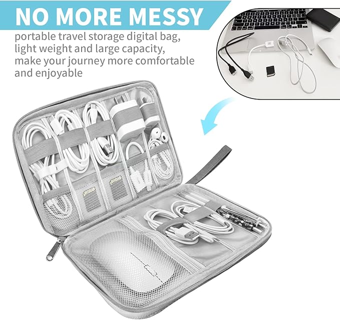 Electronics Organizer Travel Case,Electronic Accessories Storage Bag,Portable Waterproof Cable Organizer Bag,with 5 Cable Ties，for Travel,Work-Grey