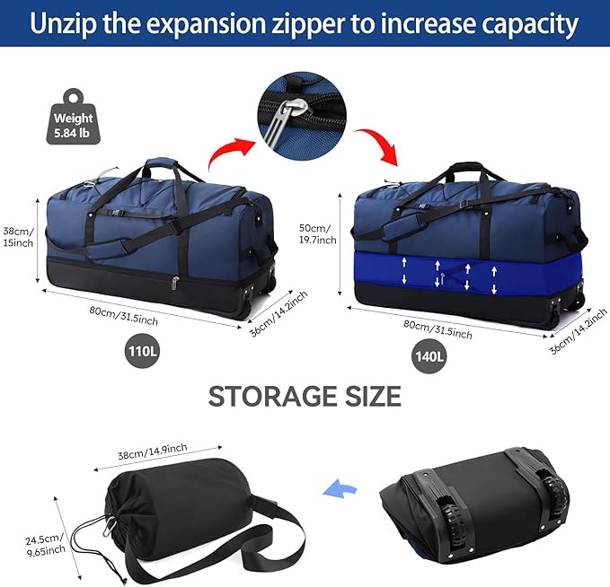 110L Expandable to 140L 32” Foldable Oxford Soft-Sided Rolling Duffle Bag with 2 Heavy-Duty Wheels,3 Large Compartments,Adjustable Shoulder Strap and Attached Organizer Pouch,Navy Blue