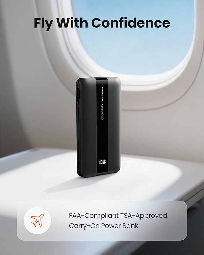 Portable Charger with Foldable AC Wall Plug, Fast Charging 10500mAh 22.5W Power Bank with Built-in Cables, 4 Outputs 3 Inputs LED Display Slim Battery Pack Compatible with iPhone/Android (Black)