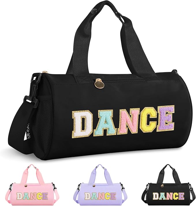 Personalized Dance Bag for Girls, Teen Toddler Ballet Bag Cute Chenille Letter Gym Sport Workout Duffel Bags, Waterproof Cheer Dancer Overnight Weekender Bags for Birthday Christmas Gift(Black)