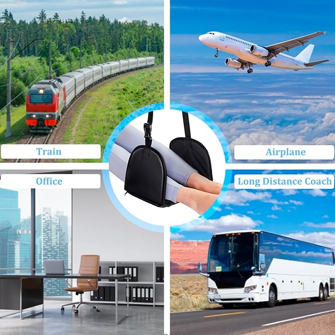 No Collapse Airplane Footrest with Extended Adjustment Strap- Airplane Foot Hammock with Memory Foam, Portable Adjustable Plane Leg Rest, Footrest Provides Relaxation and Comfort (Black)