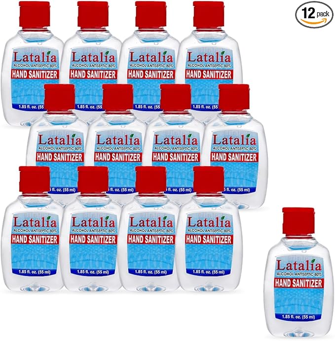 Latalia Mini Hand Sanitizer Travel Size Pack of 12 | 1.85 fl oz with 80% Alcohol Small Hand Sanitizer Bulk For Non-Sticky, Unscented, Gentle & Fresh Hands Anytime