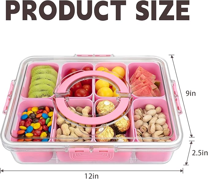 Divided Serving Tray with Lid and Handle, 8 Compartments Snack Box, Portable Platter for Candy Fruits Nuts, Snack Party Entertaining Picnic