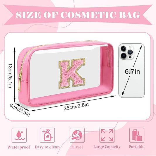 Personalized Initial Letter Clear Makeup Bag,Preppy Small Nylon&PVC Cosmetic Zipper Bag with Chenille Letter,Portable Beach Travel Skincare Toiletry Bag,Trendy Monogram Gift for Teen Girls Women,K