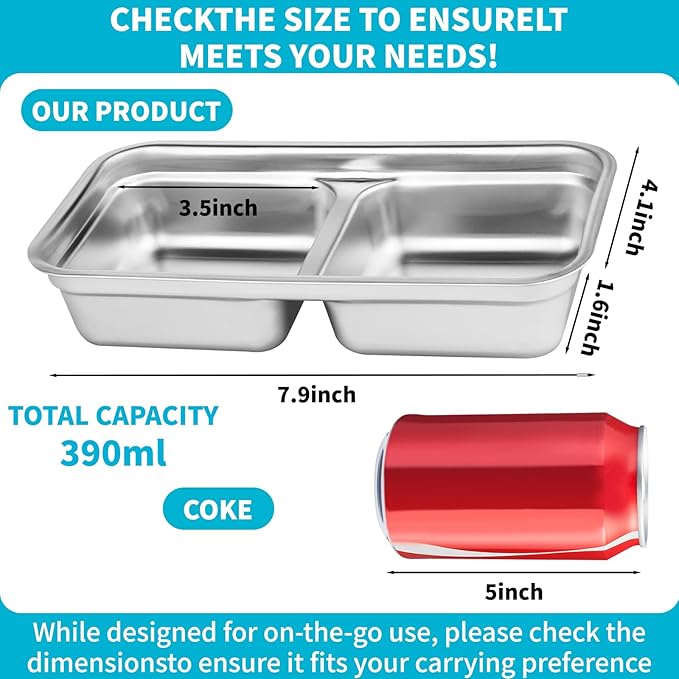 4PC Stainless Steel Snack Boxes, Double Compartment Leakproof Container with Lids for Travel, Camping. Includes Free Fork & Spoon Set.