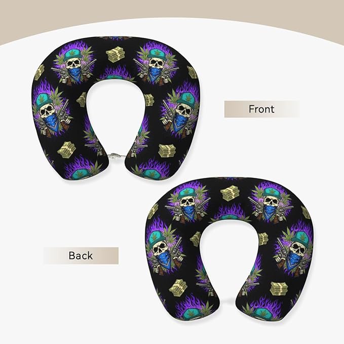 Travel Pillow Chin Neck Support, Comfortable Airplane Car Pillows for Rest, Memory Foam U Shaped Office Home Nap Sleeping Cushion Purple Fire Weedleaf Dollars Skull Skeleton