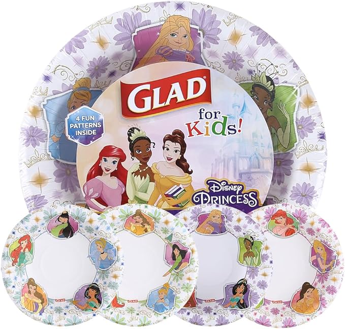 Glad for Kids Disney Princess Disposable Paper Bowls, Floral Frames - Heavy Duty, Soak Proof, Microwavable, Kid-Friendly Snack Bowls for Everyday Use, 12 Ounce, 40 Count