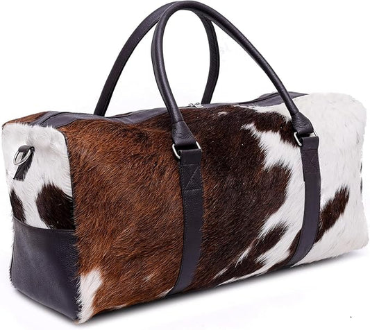 Luxury Cowhide Duffle Bag for Men 21" Genuine Full Grain Hair-On Leather Weekender Gym Cowhide Travel Bag with Spacious Interior, Heavy-Duty Zippers, Dual Carry Options Airplane Carry-On Compatible