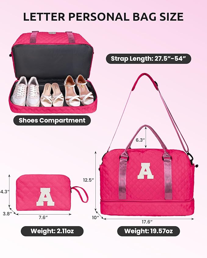 Vogewood Women Gift, Teen Gifts for Girls-Initial Travel Bag with Shoe Compartment, Personalized Weekender Bag, Monogram Overnight Bag for Women, Letter Travel Bag with Makeup Bag (Letter A)