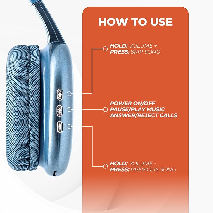 iJoy Ultra Wireless Over-Ear Bluetooth Headphones with Mic, Up to 10 Hours Playtime, Bluetooth Headset 33Ft Range with Backup AUX Cable & SD Slot, Wireless Headphones for Gaming, Work & Gym (Blue)