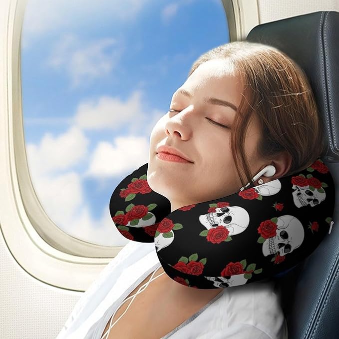 Lightweight Travel Neck Pillow Halloween Red Rose Skull Memory Foam U Shaped Cushion, Washable Removable Cover for Airplane Car Outdoor Rest