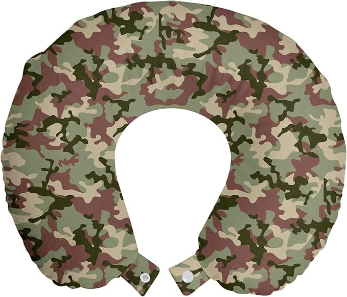 Ambesonne Camo Travel Pillow Neck Rest, Illustrated Green Camouflage in Forest Colors Hunter Theme, Memory Foam Traveling Accessory for Airplane and Car, 12", Dark Green Army Green