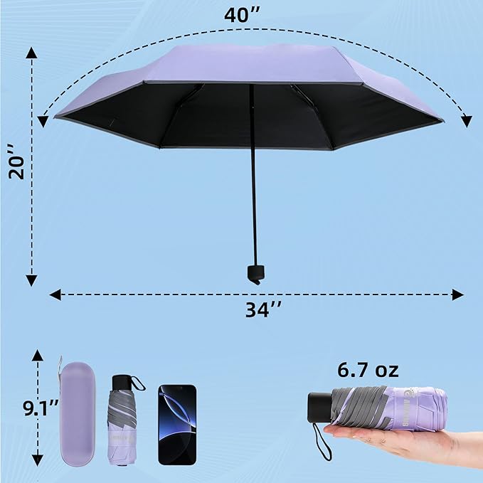 GAOYAING Mini Compact Travel Umbrella with Reflective Safety Stripes, Portable Folding Design with Case
