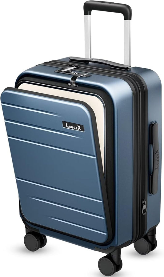 LUGGEX Carry On Luggage 22x14x9 Airline Approved, FLO5 Expandable Polycarbonate Suitcase with Front Pocket (FX-Core, Blue, 20 Inch)