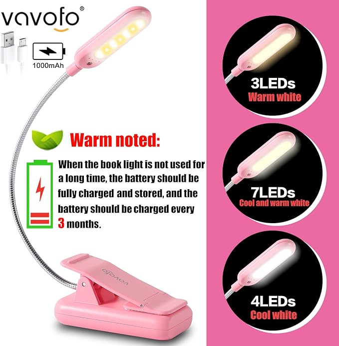 VAVOFO Rechargeable Book Light for Reading in Bed Kids, 7 LED Reading Light with 9-Level Warm Cool White Daylight, Eye Care Lamp with Power Indicator for Bookworms (Pink)