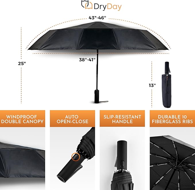 DryDay Travel Umbrellas for Rain - Large Windproof Double Canopy Umbrella, 10 Durable Ribs, Strong Frame, Auto Open Close Ergonomic Handle, Compact Waterproof Umbrella for Women & Men