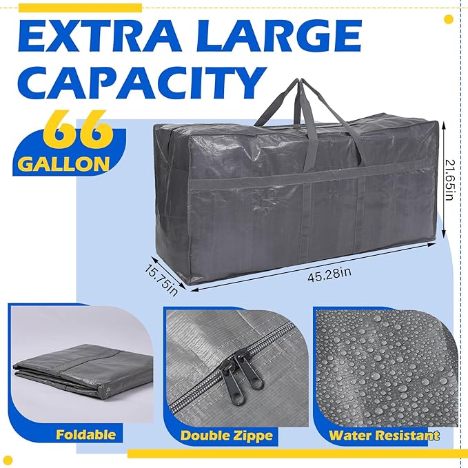 4 Pcs 66 Gallon Large Moving Bags with Zipper and Handles Foldable Storage Duffle Bags Heavy Duty Extra Large Totes for College Dorm Travel Clothes Blankets Bedding Moving (Gray)
