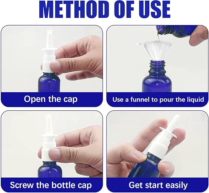 Cupohus Nasal Spray Bottle, 3 Pcs 30ML/1oz Amber,Cobalt Blue,Green Glass Refillable Fine Mist Sprayers Atomizers, Travel Sized, Empty Nasal Sprayer with Funnels and Labels